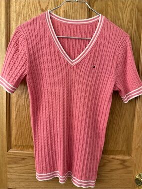Tommy Hilfiger Coral Pink Cable Knit V-Neck Tee